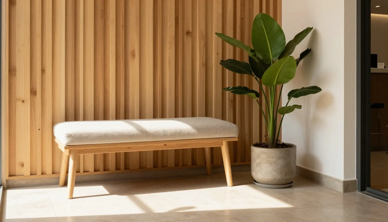Oficina de asistencia con mesa de madera clara