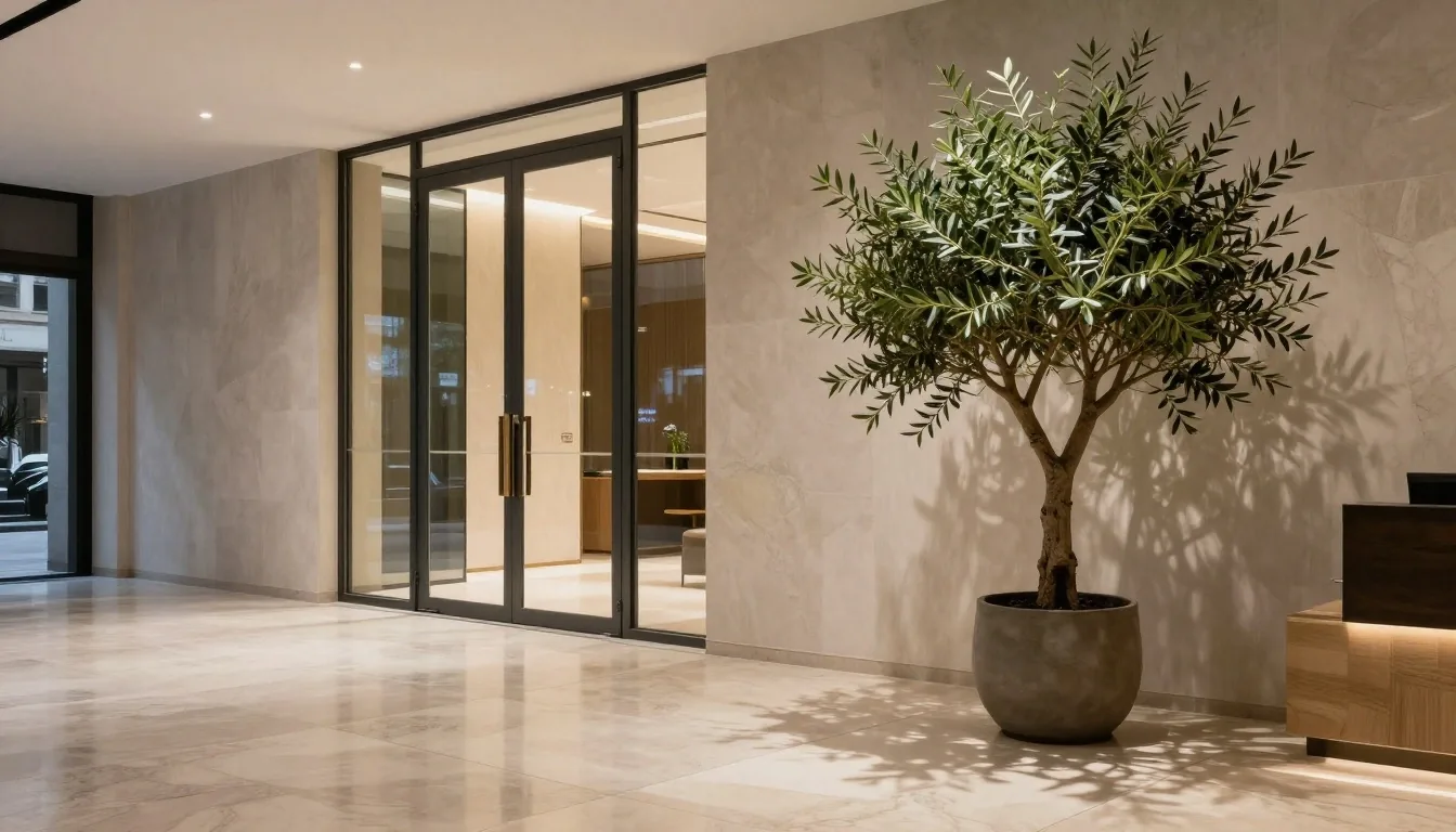 Sala de espera luminosa con bancos de madera clara