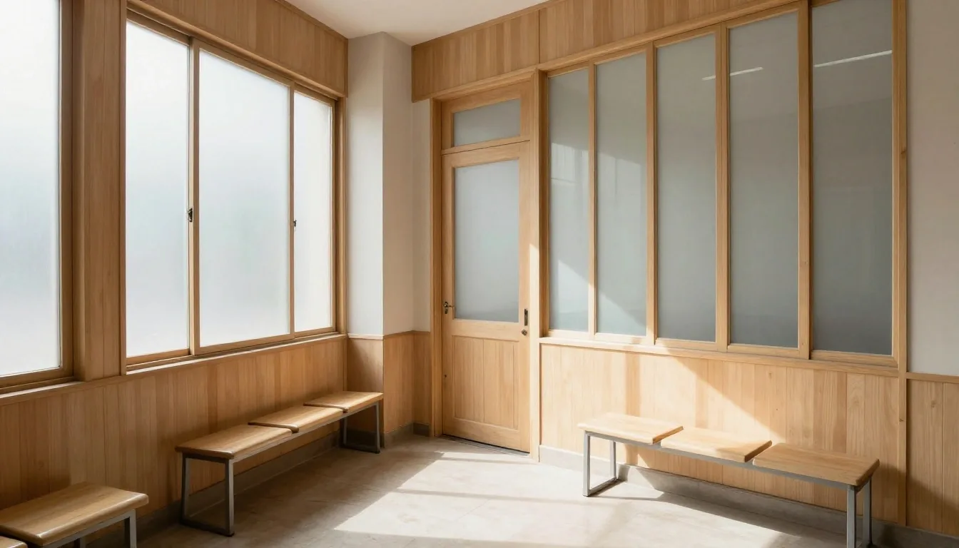 Sala de espera luminosa con bancos de madera clara