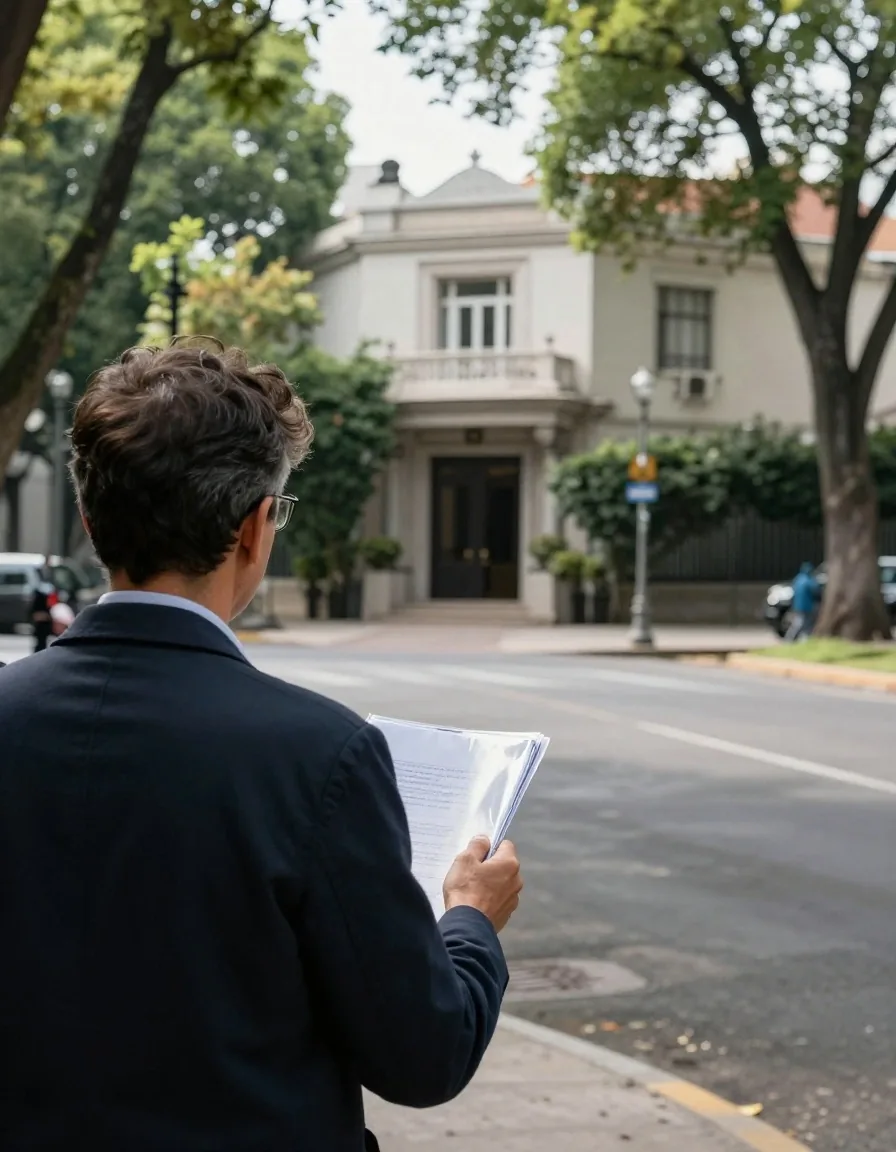 Solicitante caminando hacia la embajada con carpeta simple