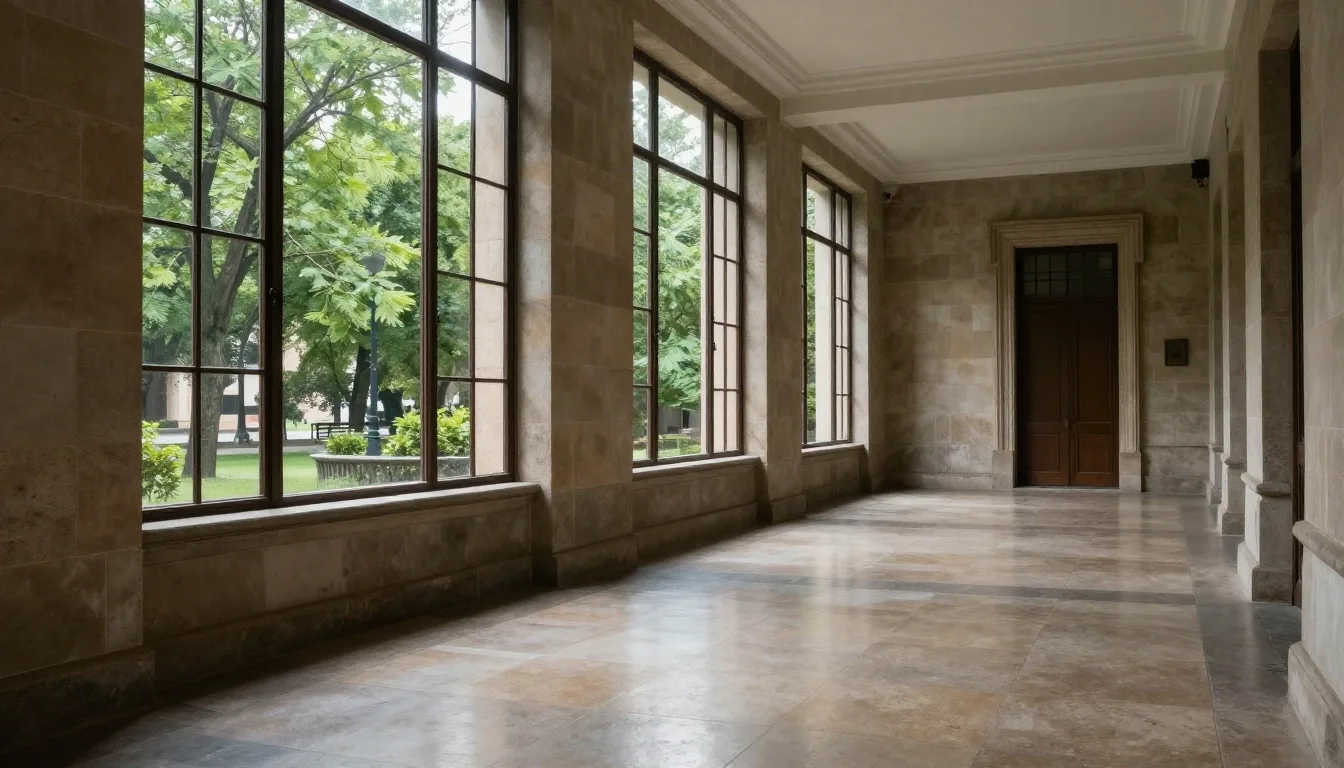 Ventana esmerilada y banco de madera en sala tranquila