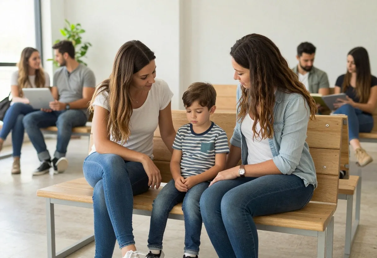 Familia revisando formularios en sala luminosa