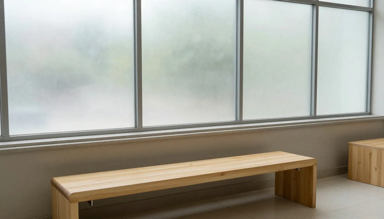 Ventana esmerilada con luz suave y banco de madera