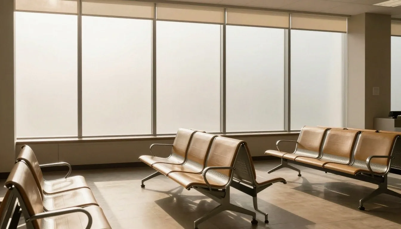 Sala de espera iluminada con bancos de madera clara