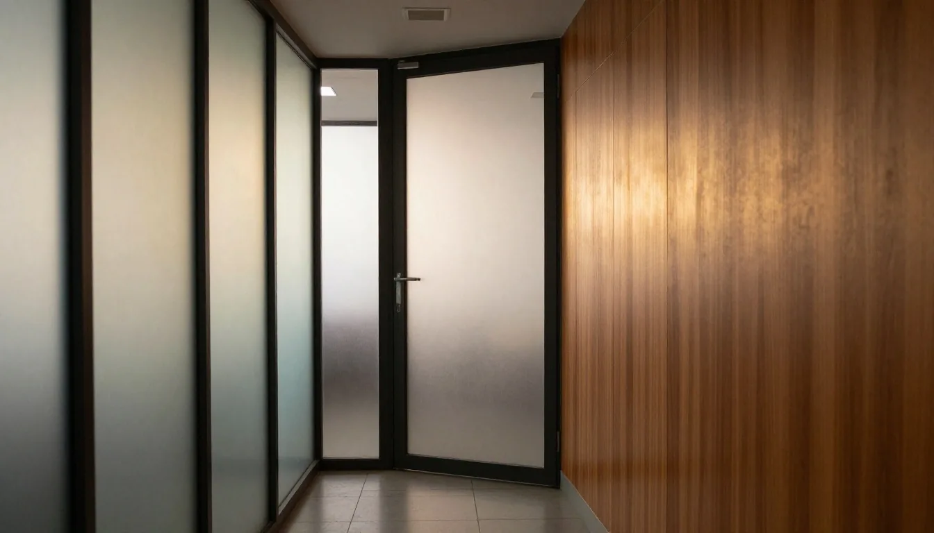 Ventana esmerilada con luz suave sobre un banco de madera