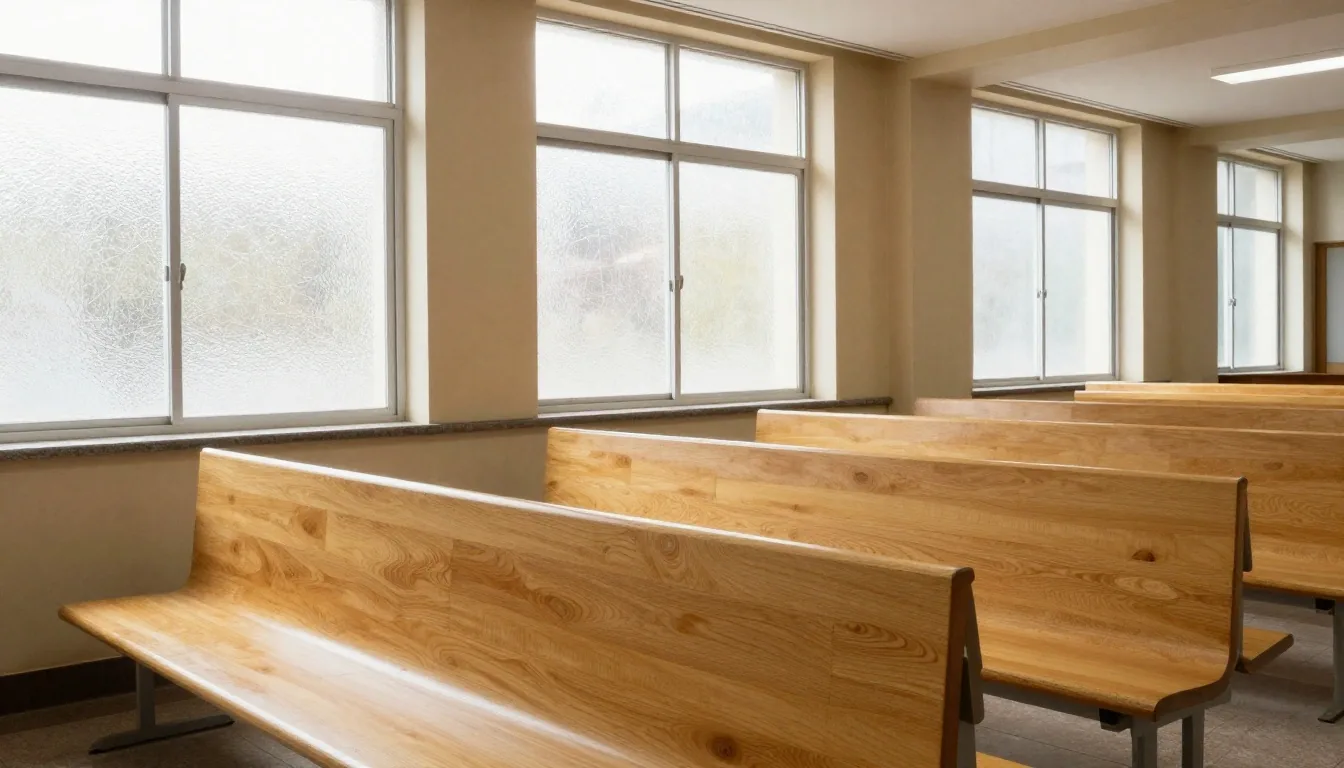 Sala de espera luminosa con bancos de madera clara