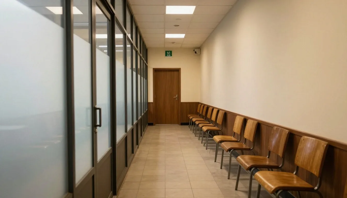 Ventana esmerilada con banco de madera en sala tranquila