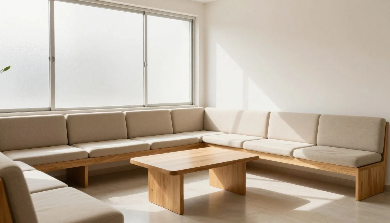 Sala de espera iluminada con bancos de madera clara