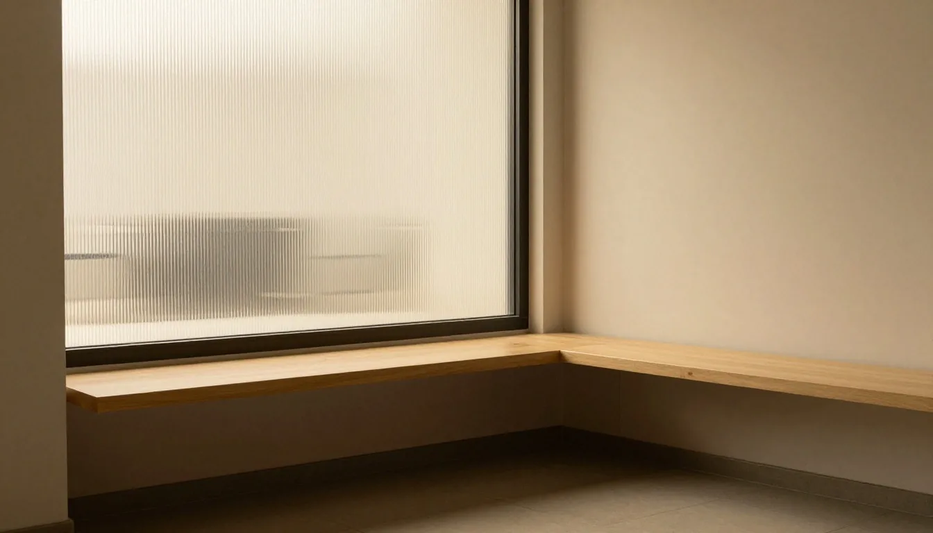 Ventana esmerilada con luz suave sobre un banco de madera