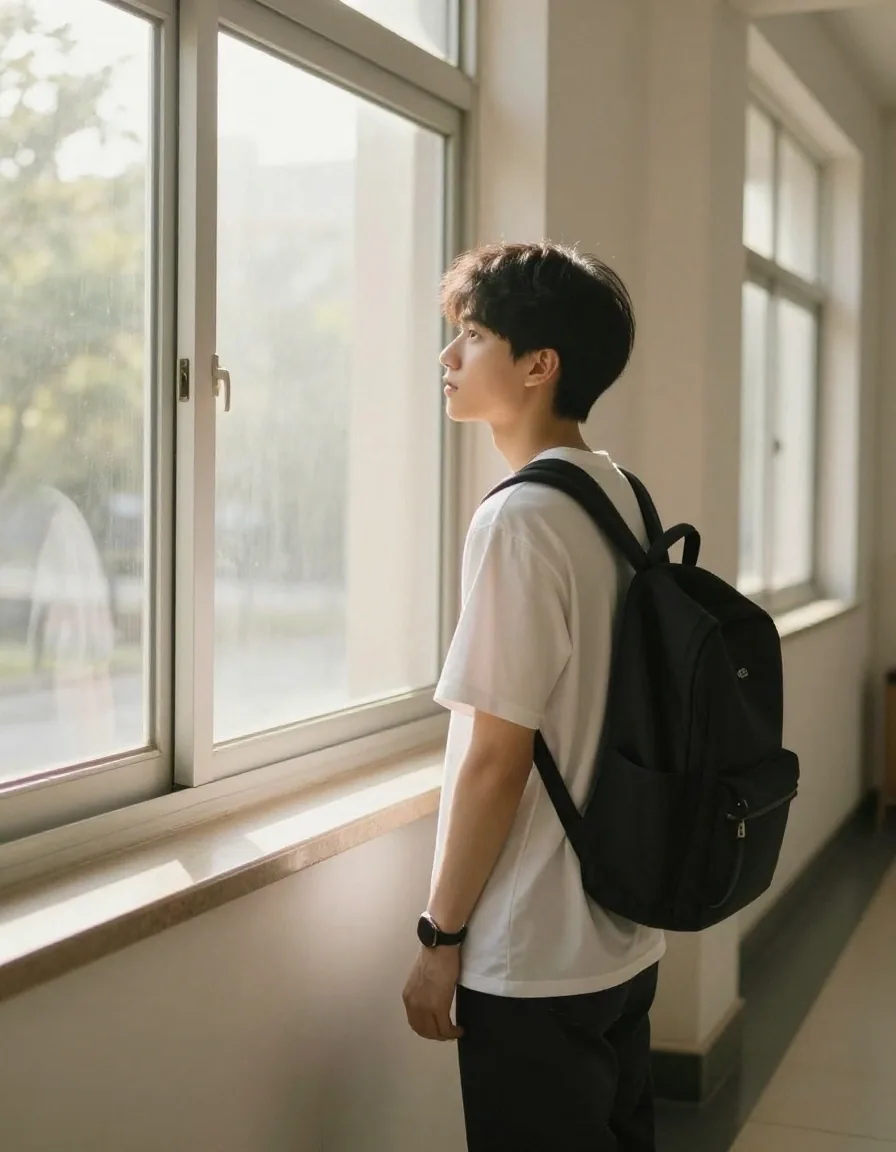 Estudiante universitario junto a ventana con luz natural