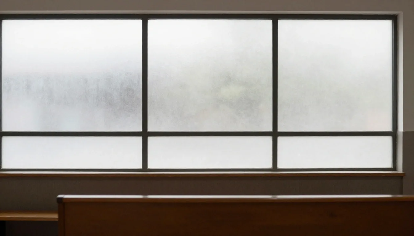 Ventana esmerilada con luz suave y banco de madera