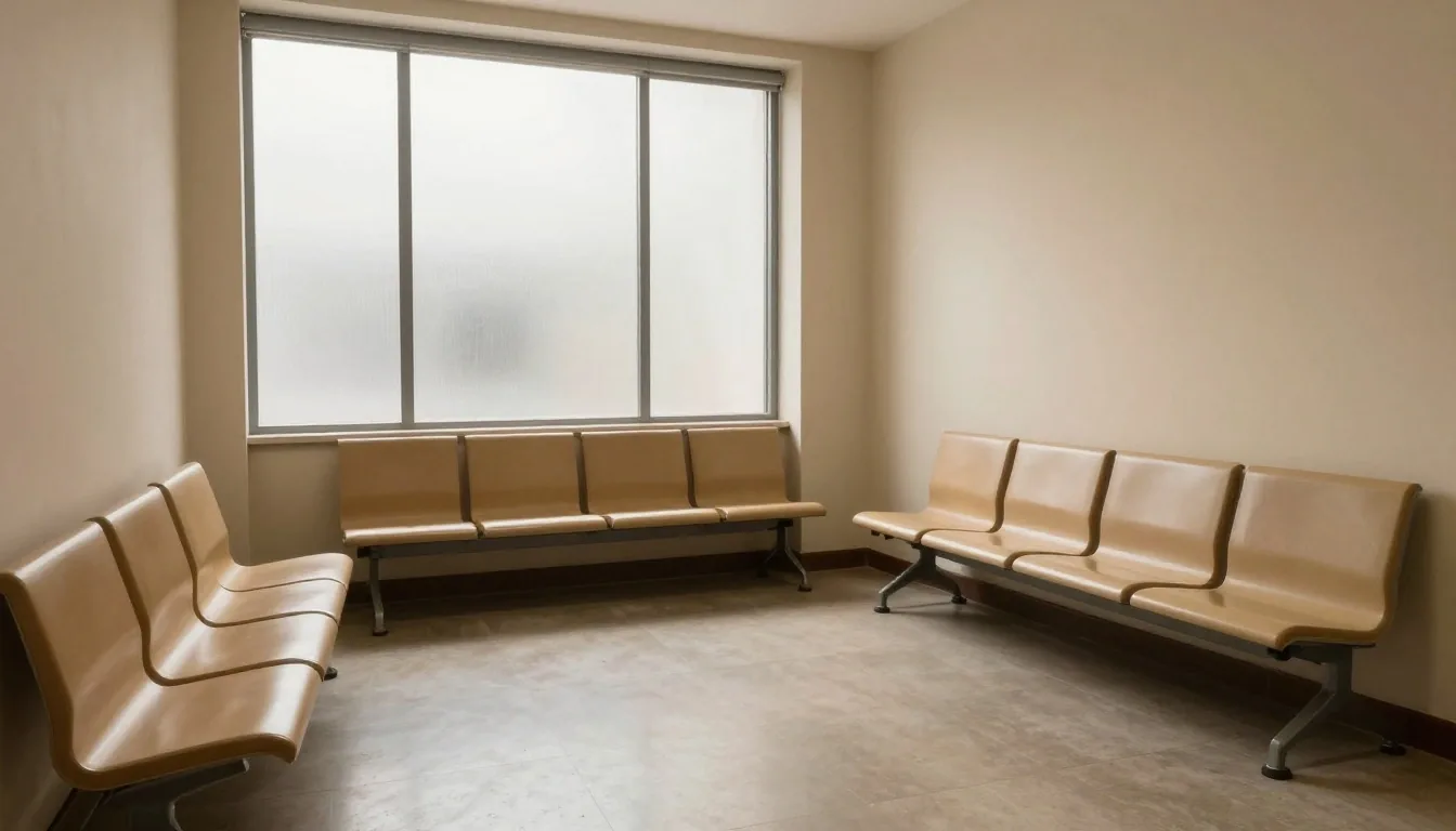 Sala de espera luminosa con bancos de madera clara